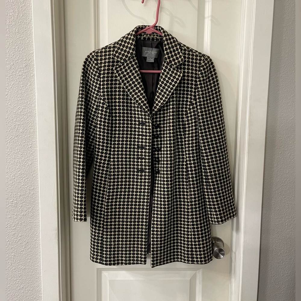 Anne Taylor Peacoat. Beautiful chocolate brown and tan cream polka dot.